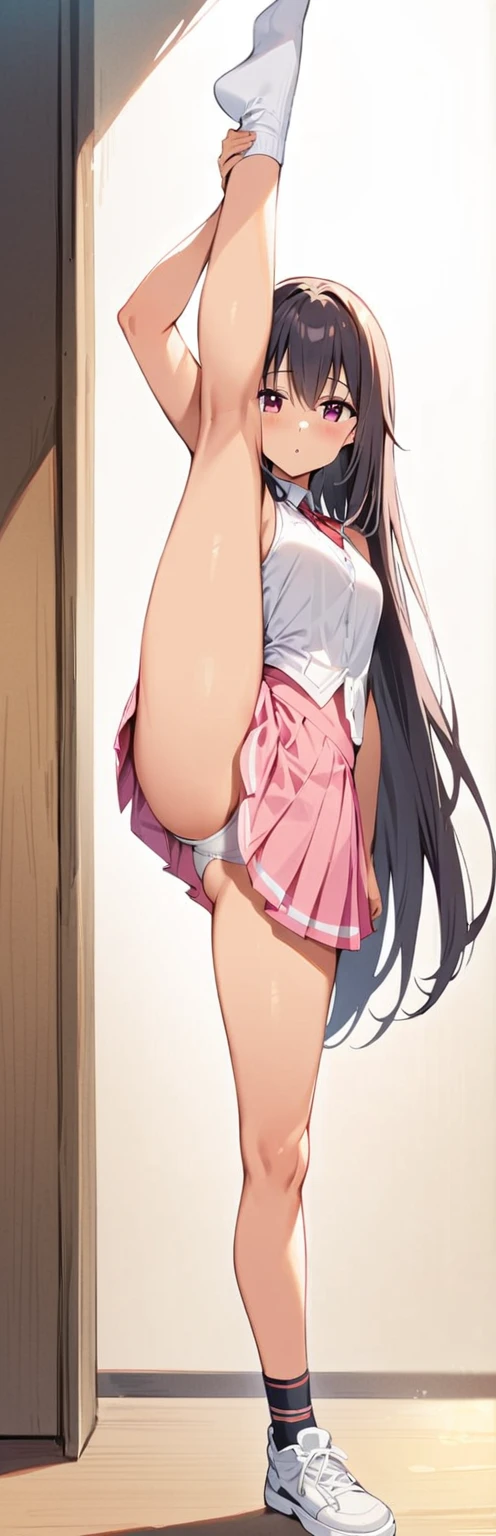 (masterpiece, highest quality:1.2), One girl, alone,Are standing_Split, 
Yuki Mikan, Long Hair, without black sleeveless short vest，Pink Skirt，black