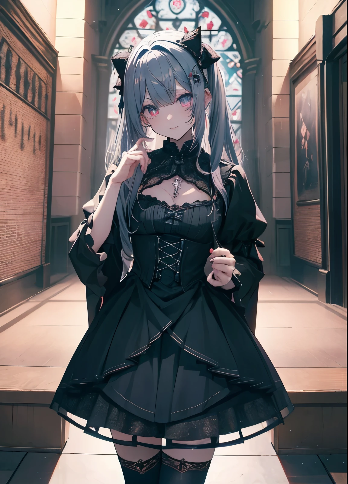 Hard Dark Gothic Makeup、deep night sky、Horror、Black dark eyeshadow、Good skin radiance、Dark Gothicメイク、Dark smile、palace、The beauty of fragrance、Embarrassed look、Dark Gothic、Obscene language、highest quality、View 5 bookaid clotheysterious、Noble、Loving smile、Twin tail hair、jet black ruffle skirt、Right blue eye, Left eye is red、Super bewitching pose、Platform Heel Shoes、Heavy makeup、Gothic ta Clothing、A little slimmer、Silver Hair、Long Hair Straight Hair、Cute Gothic Loliress、Beautiful Face、elegant features、Knee-high socks、Stained glass background、The room is dark、goth long dress、Bell Sleeves、Wizard Sleeve、decadent look、Gothic Mode、Glossy thighs wet with water、Background of a room full of roses、Rose Maiden、The embroidery is pink、The dress has pink embroidery、Thigh-high socks、Knee-high socks、Dark black eyeshadow、despicable act、Stained glass and rose background、Wearing black underwear、Black panties have lesbian 、A blue lightning bolt glows in his right hand.、Blue electromagnetic waves shine in my hands.、dark church background、Stained glass、black metal world、Dark Castle、Dark Room、Slender body、upright、walk、Are standing、gothic long dresaid clothes、Victorian dresses、Her thighs glisten with sweat、The thighs are the best