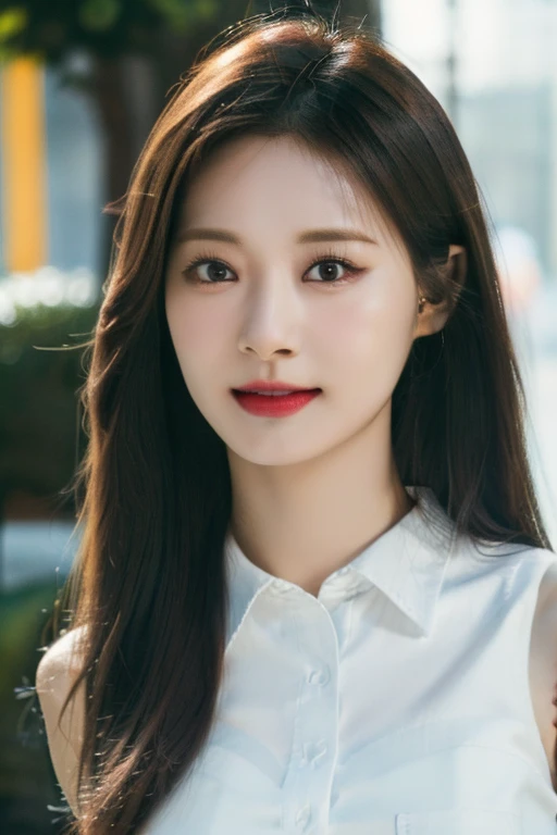 bangs, Tzuyu, woman,complex 3d render ultra detailed, smile, portrait of beautiful woman, moody portrait, striking features, beauty, intricate details, dramatic composition, tension, contrast, texture, realism, high-quality rendering, stunning art, high quality, film grain, Fujifilm XT3,swirly bokeh,(realistic, photo-realistic:1.2),RAW photo,physically-based rendering,(looking at viewer:1.4),(8k, best quality, masterpiece:1.2),(full body shot:1.1),octane render,extremely detailed CG, unity 8k wallpaper,in street,urban,city,(studio soft light,sunlight:1.2),(standing:1.1),(a girl is wearing sleeveless:1.5),hyper realistic detail shiny skin,ultra detailed,(ultra realistic:1.2),(intricate:1.2),(photorealistic:1.2),1girl,(skinny:1.3),detailed background ,(large breasts:1.1)