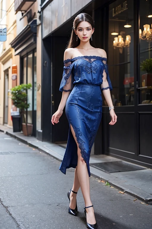 Brunette hair, Slick Back hair, smile, beautiful hand, beautiful legs, beautiful finger, beautiful foot, Slim waist, slim hips, slim thighs, skinny body, Tall, Small Ass, natural tits, full body, picture take entire-body, Blue Eyes, Oval Face, Earrings, show out butt, wearing an intricate lace design off-shoulder long dress, front view, wearing Ballet Flats, walking on street.