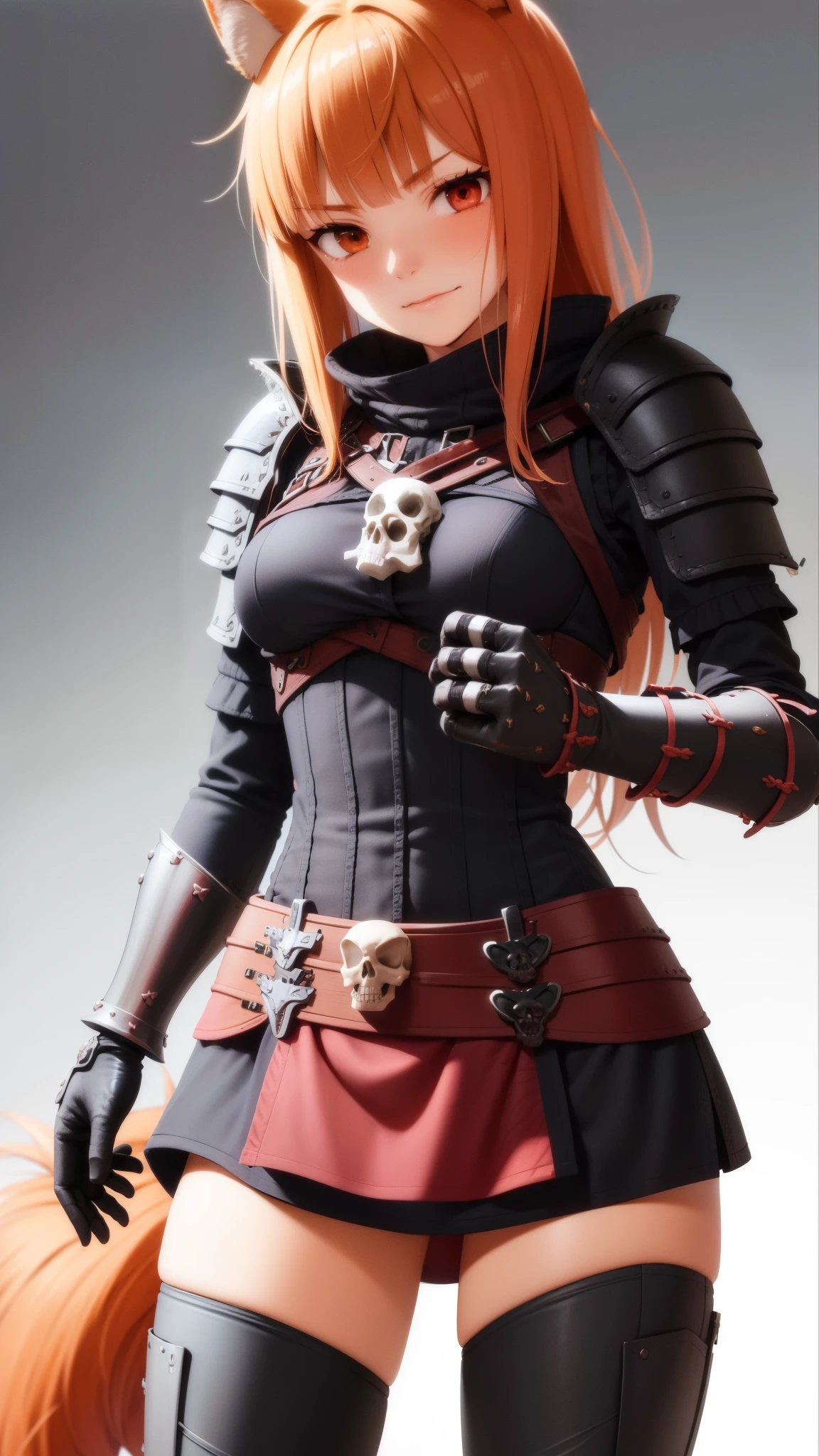 Ultra-detailed, HDR, UHD, ultra-fine painting, physical based rendering, extreme detail description, Professional, full-length portrait, landscape, style of Concept Artists, with a vibrant color palette, soft-lighting, 1girl, long hair, brown hair, animal ears, red eyes, wolf tail, necklace, ((wearing necromancer armor, black armor, skull and bones armor:1.35), (with wolf ears), (red wolf girl, Wolf Female), (muscular strong body), (body scars, damaged), seductive sexy pose