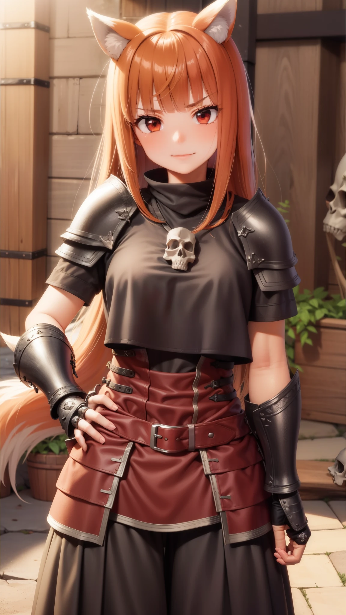 Ultra-detailed, HDR, UHD, ultra-fine painting, physical based rendering, extreme detail description, Professional, full-length portrait, landscape, style of Concept Artists, with a vibrant color palette, soft-lighting, 1girl, long hair, brown hair, animal ears, red eyes, wolf tail, necklace, ((wearing necromancer armor, black armor, skull and bones armor:1.35), (with wolf ears), (red wolf girl, Wolf Female), (muscular strong body), (body scars, damaged), seductive sexy pose