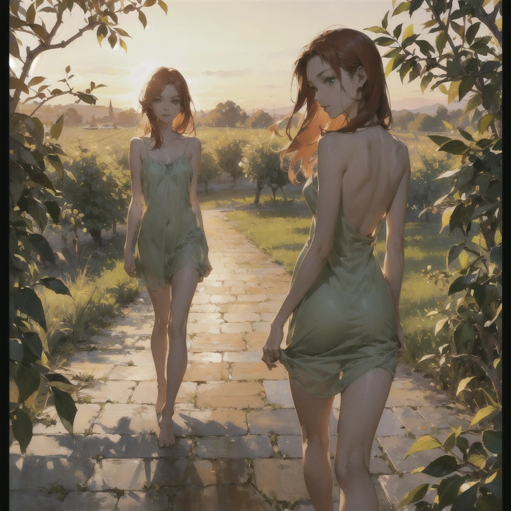 Beautiful slender thin exquisite (nude) girl  with a perfect face of the southern type with red hair with delicate beautiful expressive breasts with tender nipples barefoot with bare hips ((with red pubic hairs)) ((in a short open summer green sundress over a naked body)) walks along a brick road in the middle of a flowering field (with a glass of wine), in a gentle watercolor style, Discreet shades, sfumato, haze, diffused dim light, delicate mint shades, imitation of film photography, (olive and grape groves, Brick Road), (High image quality, Maximum detail), (sunset lighting, Warm evening shades, warm golden and olive sunset light)