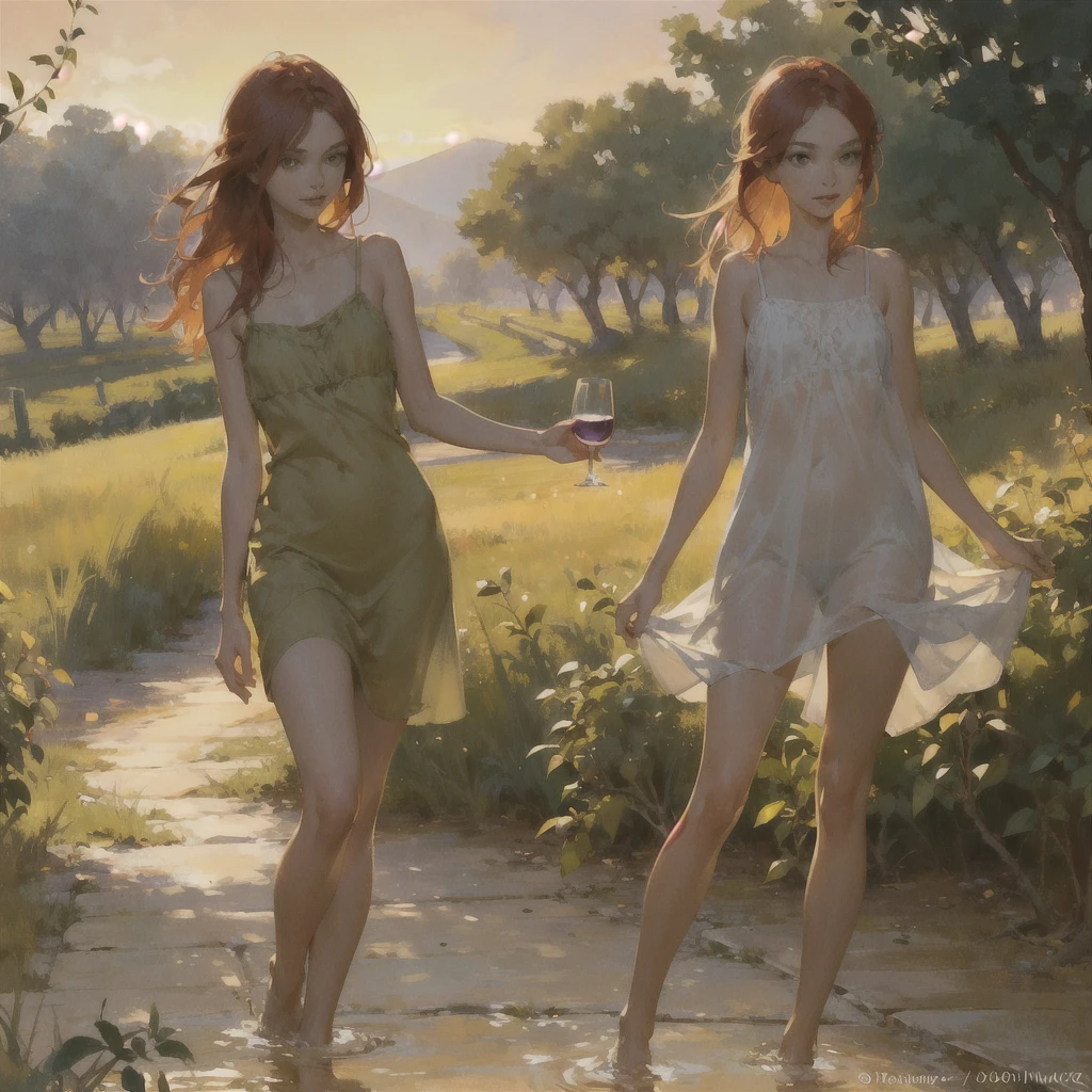 Beautiful slender thin exquisite (nude) girl with a perfect face of the southern type with red hair with delicate beautiful expressive breasts with tender nipples barefoot with bare hips ((with red pubic hairs)) ((in a short open summer green sundress over a naked body)) walks along a brick road in the middle of a flowering field (with a glass of wine), in a gentle watercolor style, Discreet shades, sfumato, haze, diffused dim light, delicate mint shades, imitation of film photography, (olive and grape groves, Brick Road), (High image quality, Maximum detail), (sunset lighting, Warm evening shades, warm golden and olive sunset light)
