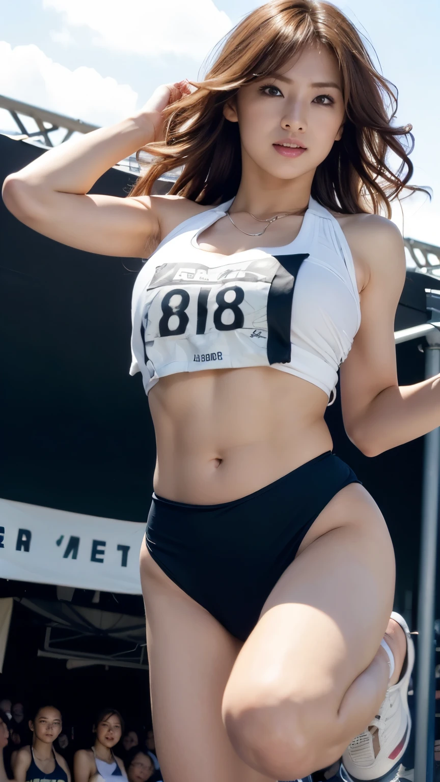 (solo), (a detailed full body RAW photo of a girl), (masterpiece:1.0), (best quality:1.4), (ultra highres:1.2), (photorealistic:1.4), 8k resolution, Canon EOS R5, 50mm, absurdres, ultra detailed, (25yo), sharp focus, cinematic lighting, detailed beautiful face, (no make up:1.2), (ulzzang-6500-v1.1), petite figure, detailed skin texture, suntan skin, flat chest, (skinny and fit body:1.6), thigh gap, detailed brown hair,  sweltering,(very short hair:1.5), realistic glistening skin, (sweating), nfsw, heavy breathing, (small titts, cameltoe, erect nipples), (sexy football uniform:1.2), well-developed abdominal, blue sky, bikini tan, (dark sun tan), (flat chest:1.5),  dynamic pose,  (flom below), dynamic pose, (thin rush guard)