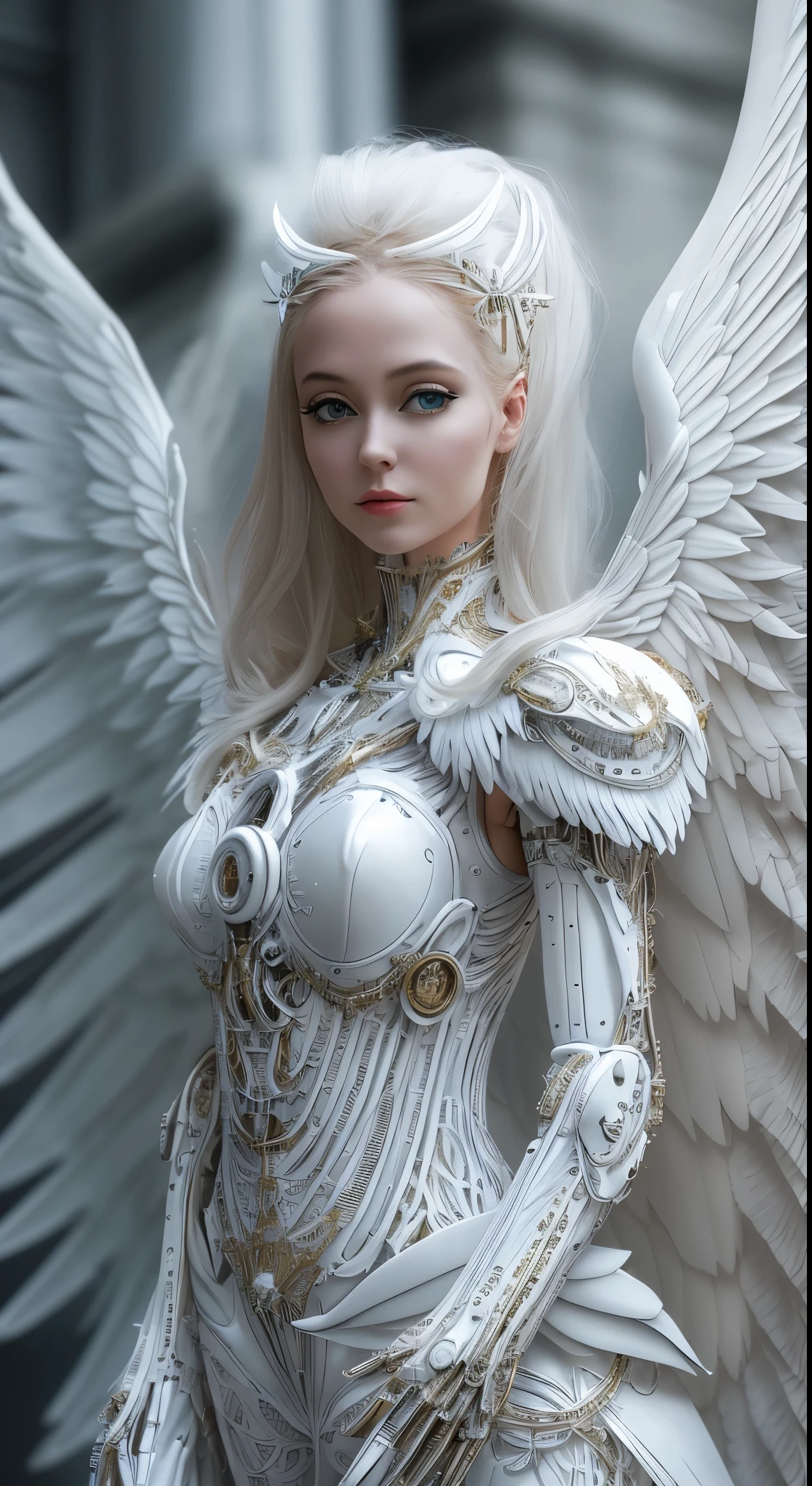 Close-up of a woman in a white dress with wings, Angel all over, Futuristic robot angel, Amazing angel wings, Angel Knight Gothic Girl, Angel in plastic armor, Intricate costume design, As the mysterious Valkyrie, Its whole body is made of white feathers,, Futuristic and fantastical, White Wings, Beautiful angel wings, Steampunk Angel, Beautiful cyborg angel girl, Graceful Wings