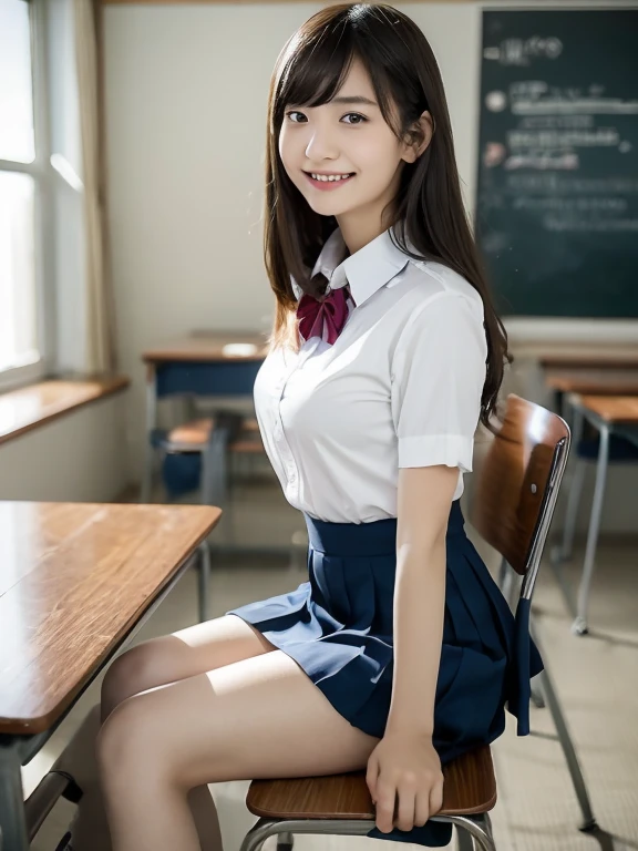 Arabian Asian woman sitting on chair in classroom, かわいいhigh school girl, 超Realisticなhigh school girl, Wearing uniform, JapanのWearing uniform, 超Realisticなhigh school girl, Realistic , Korean Girls, Wear a uniform, Japanの女の子の制服, In the classroom, Japan , high school girl, high school girlの格好をした, Strike a Pose