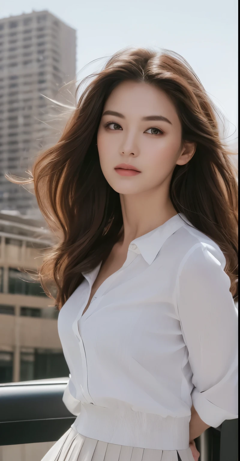 (Best quality, High resolution, Masterpiece :1.3), A tall and pretty woman, Slender abs, Dark brown hair styled in loose waves, Breasts, White button up shirt, Black pleated skirt, (Modern architecture in background), Details exquisitely rendered in the face and skin texture, Detailed eyes, Double eyelid
