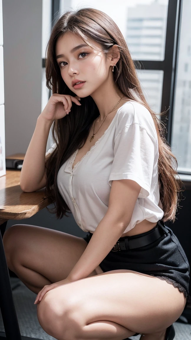18 year old female, Masterpiece:1.4, long brown hair, (squatting:1.4), On heels, legs spread apart.), Lace underwear, gigantic bust:1.5, buttocks sexy hips, necklace, cute earrings, White short-sleeved shirt with button-down collar., brown belt, A tight black skirt shakes open.:1.3, black stilettos, On the table in the office, raw photos, in the dark, deep shadow, low voice, cool light,