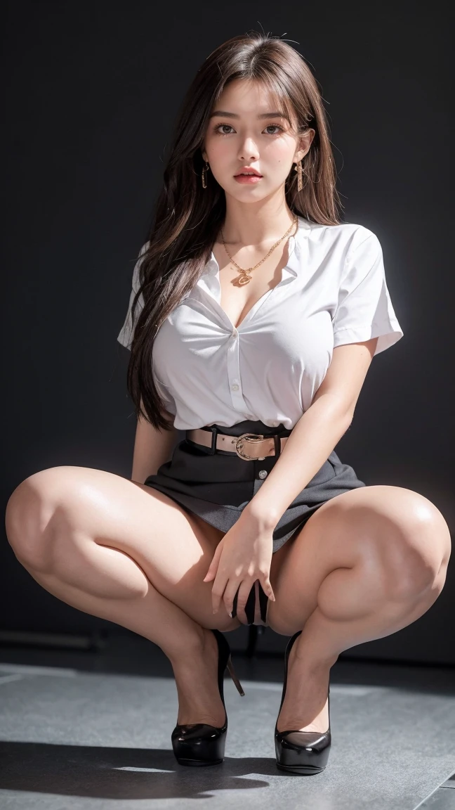 18 year old female, Masterpiece:1.4, long brown hair, (squatting:1.4), On heels, legs spread apart.), Lace underwear, gigantic bust:1.5, buttocks sexy hips, necklace, cute earrings, White short-sleeved shirt with button-down collar., brown belt, A tight black skirt shakes open.:1.3, black stilettos, On the table in the office, raw photos, in the dark, deep shadow, low voice, cool light,