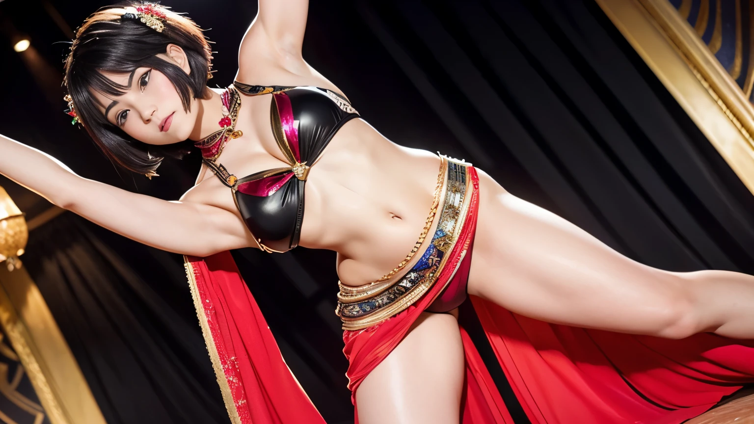 Fine details, huge file size, official art, highly detailed CG Unity 8k wallpaper, short hair, round face, AGE18, full body, gal makeup, front angle,flashy belly dance costume, dancing belly dance
