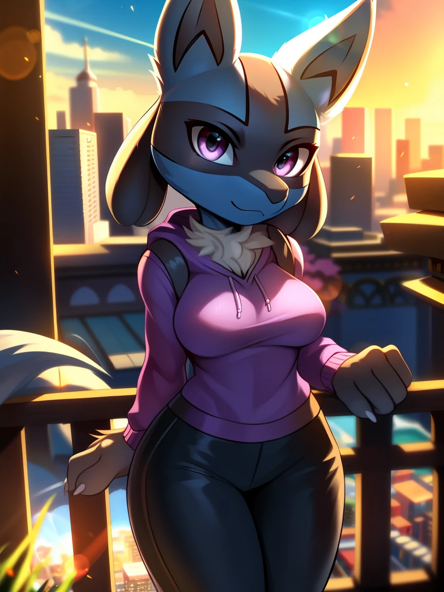 ((lucario)), ((solo)) wolf, blue fur, spikes, breasts, purple hoodie, black pants, looking at viewer, potted plants, decorations, standing, up close, on balcony, city view, blue sky, sun, sunny day, lens flare, Very good figure, cinematic lighting, volume lighting, masterpiece, best quality