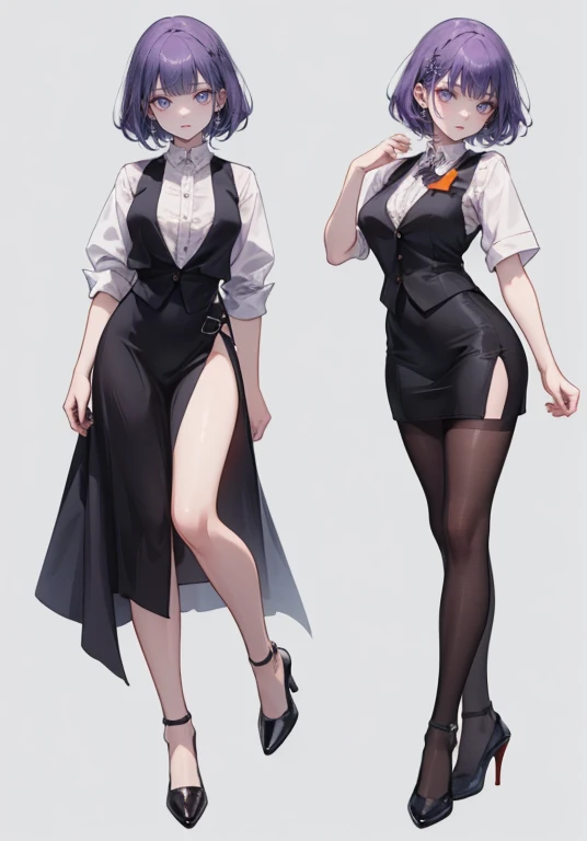((Perfect Face)),Purple Hair,Shortcuts,Adult female,bartender,((Harness)),Black vest,((Shirt with rolled up sleeves)),tie,((slit)),High heels,,((Simple Background)),smile,((whole body)),((full body)),Character portrait,upright,,Both arms are lowered,upright,