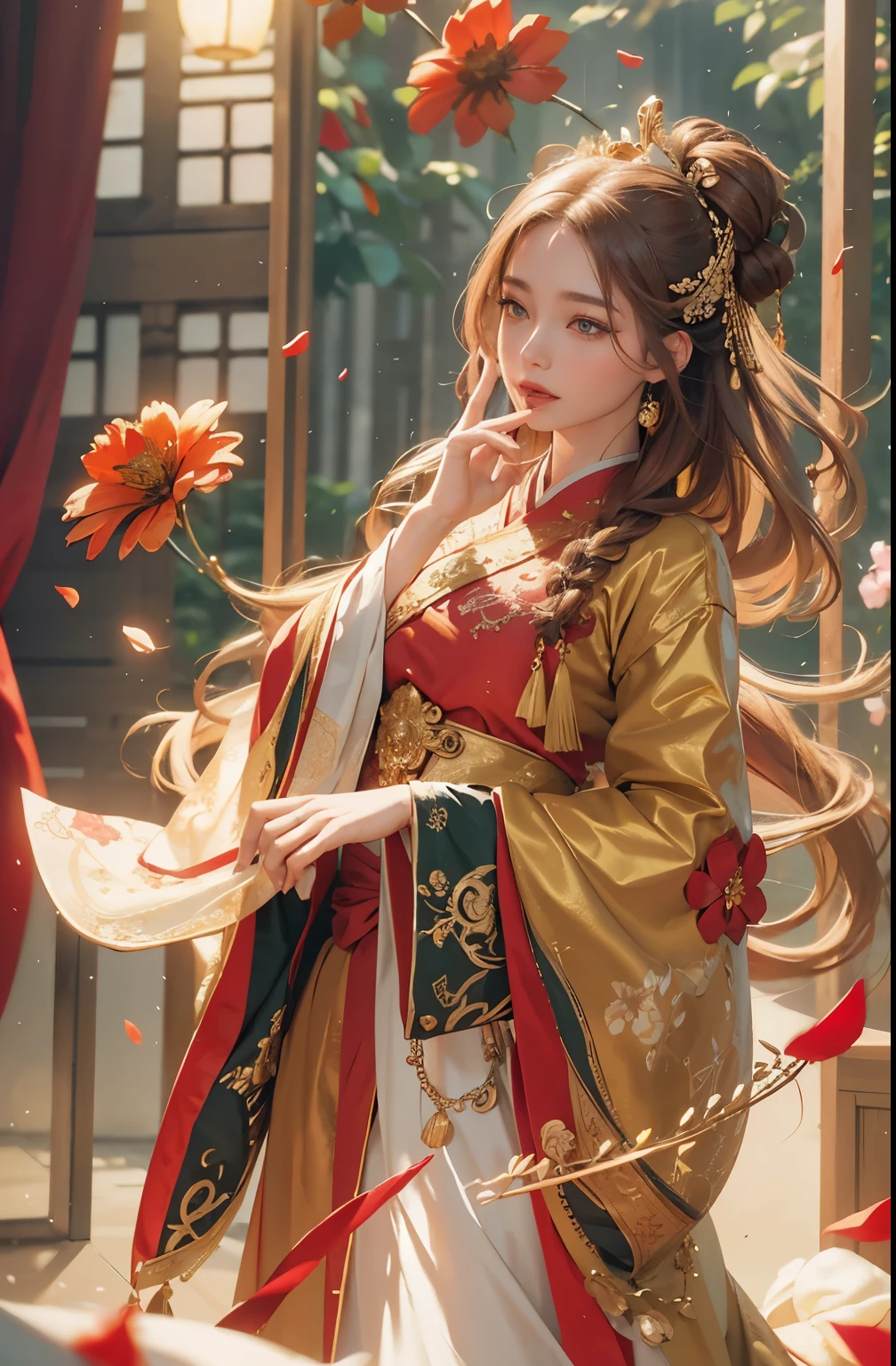 best quality, masterpiece, highres, (exquisite body:1.5),gorgeous face,(milky skin:1.3),intricate details,high resolution,wallpaper,
1girl, solo, dress, hair ornament, (((gold and red dress))), flowers, long hair, brown hair, closed mouth, jewelry, long sleeves, hand up, wide sleeves, big eyes,floating hair, chinese clothes, hanfu, embroidery, long skirt, natural pose, falling petals, indoor,fanning, lantern,
16K,HDR,highres,depth field,(film grain:1.1),boken,golden hour,(lens flare),vignette,rainbowing,(color grading:1.5)