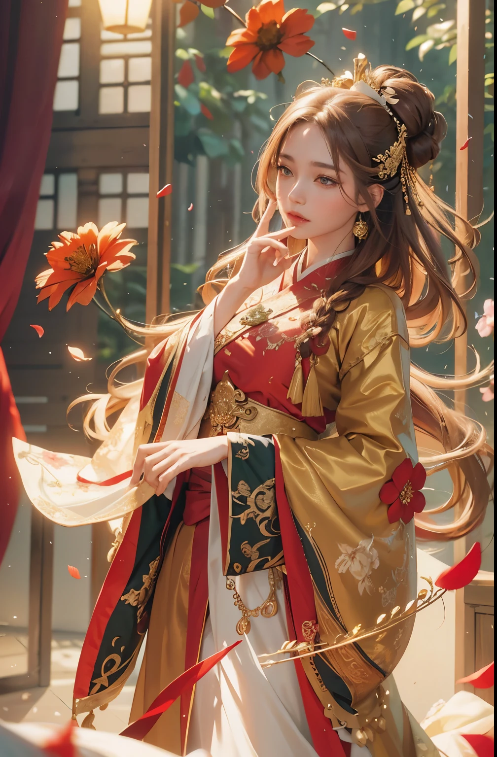 best quality, masterpiece, highres, (exquisite body:1.5),gorgeous face,(milky skin:1.3),intricate details,high resolution,wallpaper,
1girl, solo, dress, hair ornament, (((gold and red dress))), flowers, long hair, brown hair, closed mouth, jewelry, long sleeves, hand up, wide sleeves, big eyes,floating hair, chinese clothes, hanfu, embroidery, long skirt, natural pose, falling petals, indoor,fanning, lantern,
16K,HDR,highres,depth field,(film grain:1.1),boken,golden hour,(lens flare),vignette,rainbowing,(color grading:1.5)