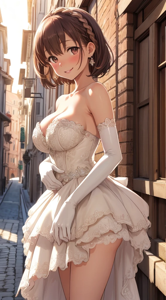best quality, masterpiece, absurdres, highly detailed, illustration, 1girl, blush, glossy lips, light smile, natural lighting, aichan, short brown hair, braid large breasts, looking at viewer, strapless wedding dress, elbow gloves, high heels, outside, standing, (own skirt lift)