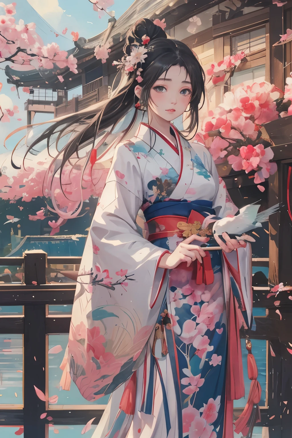 anime girl in a kimono dress with a fan and a bird, palace ， a girl in hanfu, by Yang J, a beautiful artwork illustration, beautiful character painting, artwork in the style of guweiz, beautiful anime artwork, guweiz on pixiv artstation, anime fantasy illustration, guweiz, beautiful digital artwork, flowing hair and long robes