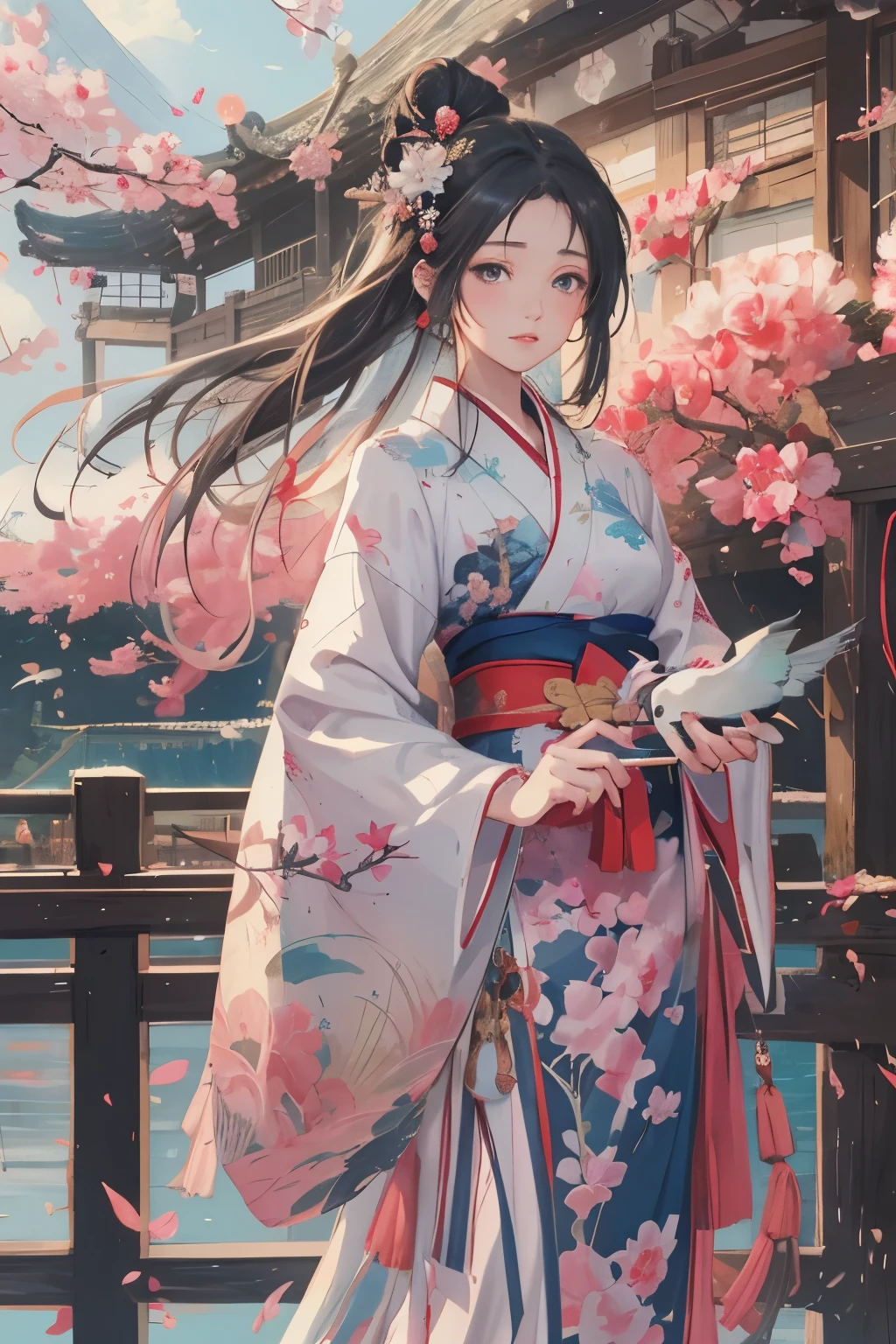 anime girl in a kimono dress with a fan and a bird, palace ， a girl in hanfu, by Yang J, a beautiful artwork illustration, beautiful character painting, artwork in the style of guweiz, beautiful anime artwork, guweiz on pixiv artstation, anime fantasy illustration, guweiz, beautiful digital artwork, flowing hair and long robes