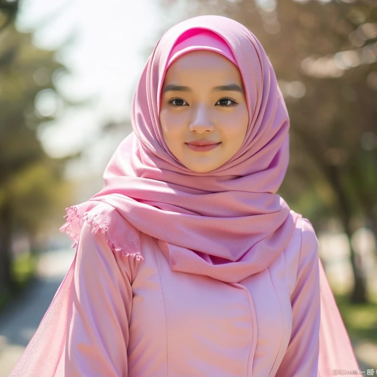 A Asian women, beautiful wearing a pink dress and a pink head scarf, simple dress, hijab,