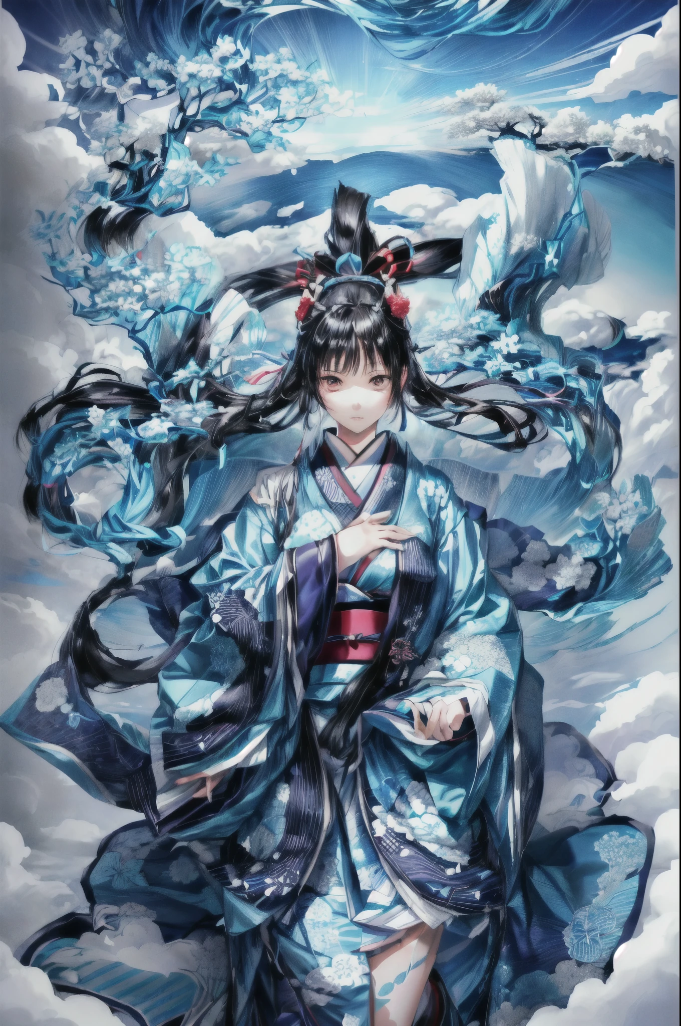 Japanese Style, new paper like blue sky, There are Japanese teenage girl, and they are intertwined with their bodies to form kanji. There is smooth skin, black hair, small breasts, slender, neat girl, and blue cats in the shape of swirling clouds.