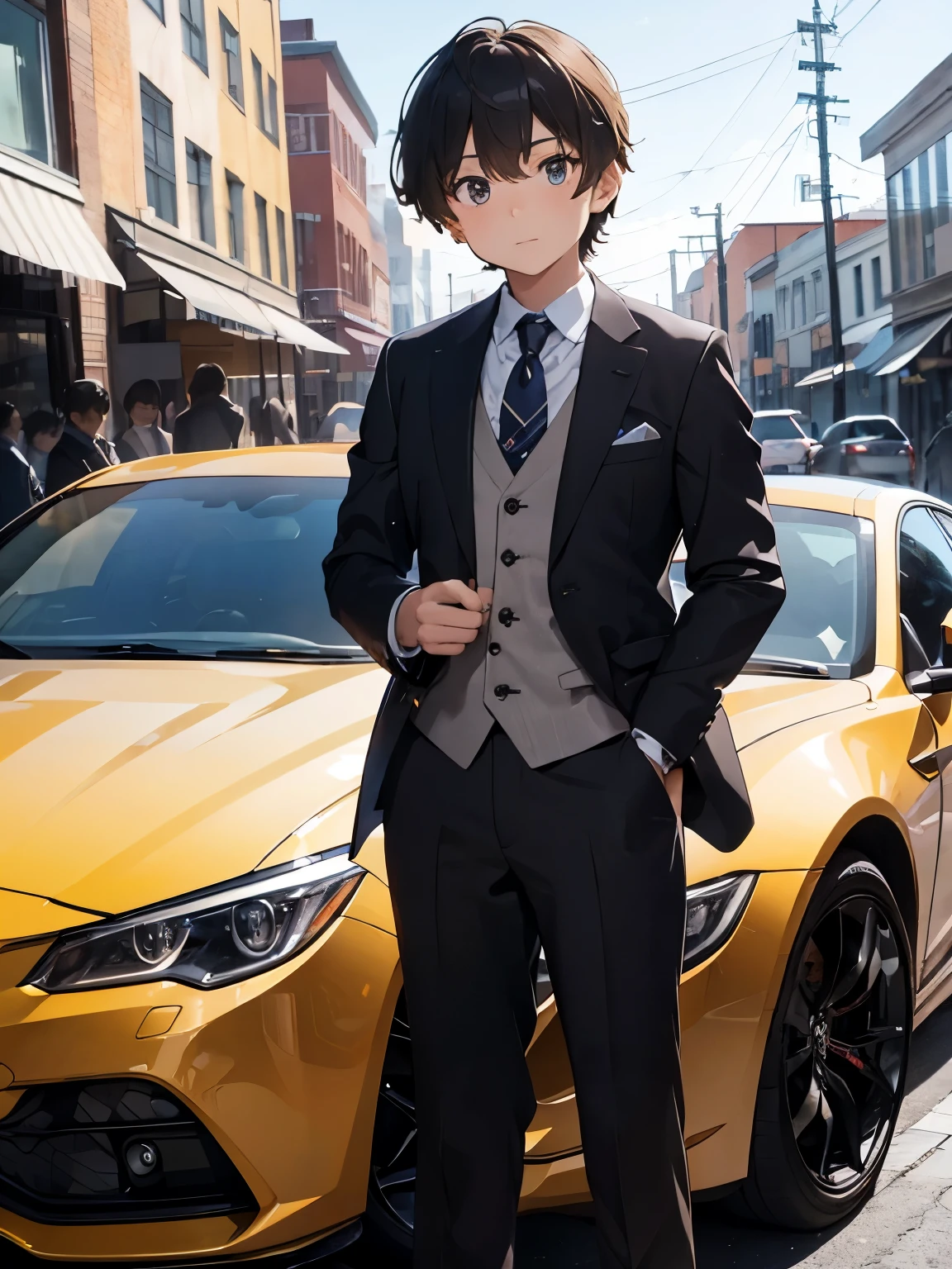 a very wealthy handsome 10 year old young boy dressed in a suit standing beside a luxury car