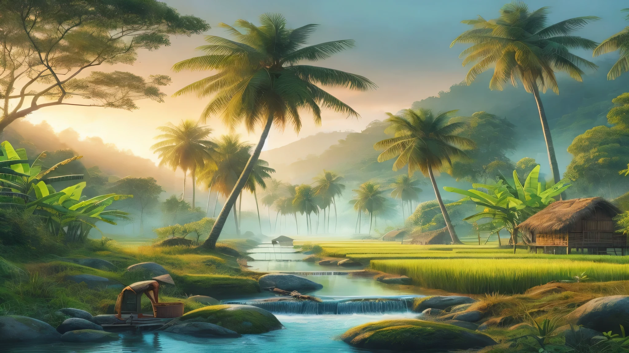 Oil on canvas, painting of a scene, rural home near paddy fields and coconut trees and rivulet in Karnataka, India , Miki Asai Macro photography, close-up, hyper detailed, trending on artstation, sharp focus, studio photo, intricate details, highly detailed, by greg rutkowski