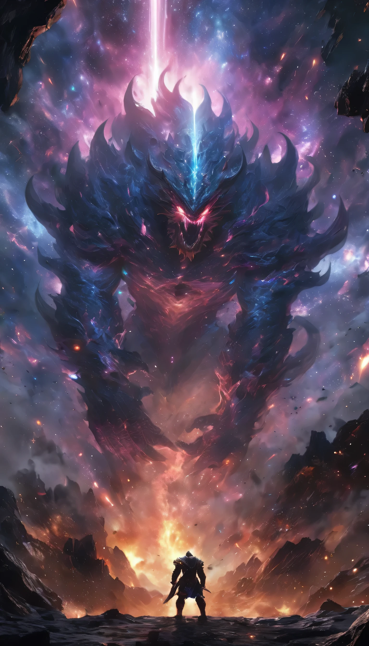 A colossal cosmic entity adorned with celestial patterns resembling Samsung Galaxy devices, It wields the power of the stars unleashing cosmic storms and gravitational anomalies to crush its adversaries, boss monster, massive size, fierce expression, looking down, scary look, mean look, fierce, massive body, wide body, galaxy body, wide shot, long shot, kaiju, massive monster, detailed background, ruins, dungeon, epic battle, hero vs monster, full, uncropped subject, dust, wind, dark, dim light, volumetric lighting, Hyperrealism, breathtaking, ultra realistic, ultra detailed, cinematic lighting, highly detailed, breathtaking, photography, stunning environment, wide-angle