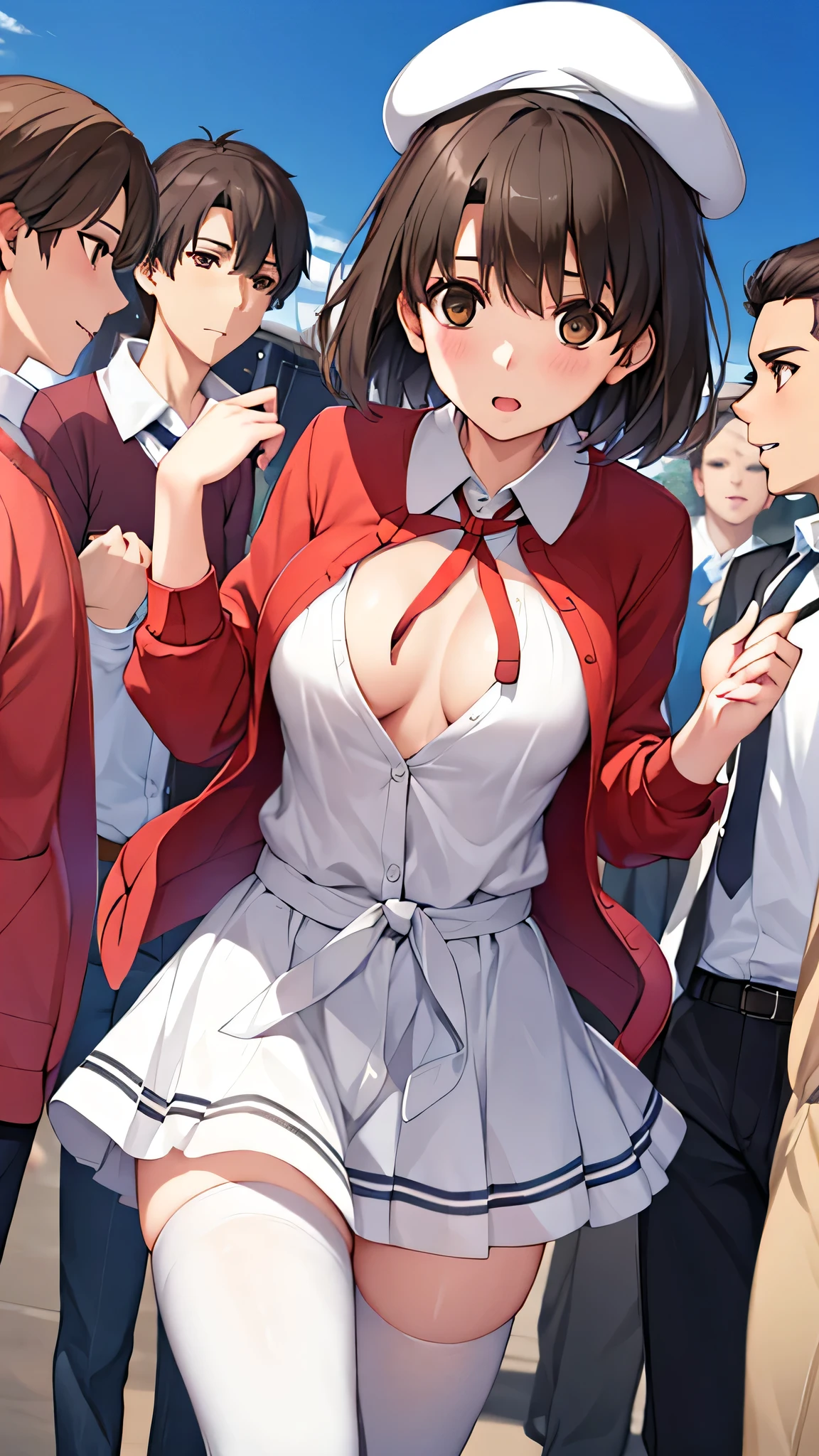 {{{masterpiece}}}, {{{best quality}}}, {{ultra-detailed}}, {illustration}, {{an extremely delicate and beautiful}}, 8k, Katou Megumi (SAEKANO), brown hair, short hair, (brown eyes:1.7), beret, cardigan, long sleeves, thighhighs, white thighhighs, dress, white dress, frills, dark blue ribbon tie, (red cardigan:1.5), (white hat:1.5), open cardigan, open clothes, pleated skirt, white skirt, thighs, zettai ryouiki, BREAK, Cute girl having orgy with lots of guys, sex with multiple men,1 woman, 3 men, taking off clothes, open clothes, Open shirt, open dress, open cardigan, breasts, nipples, lift up skirt