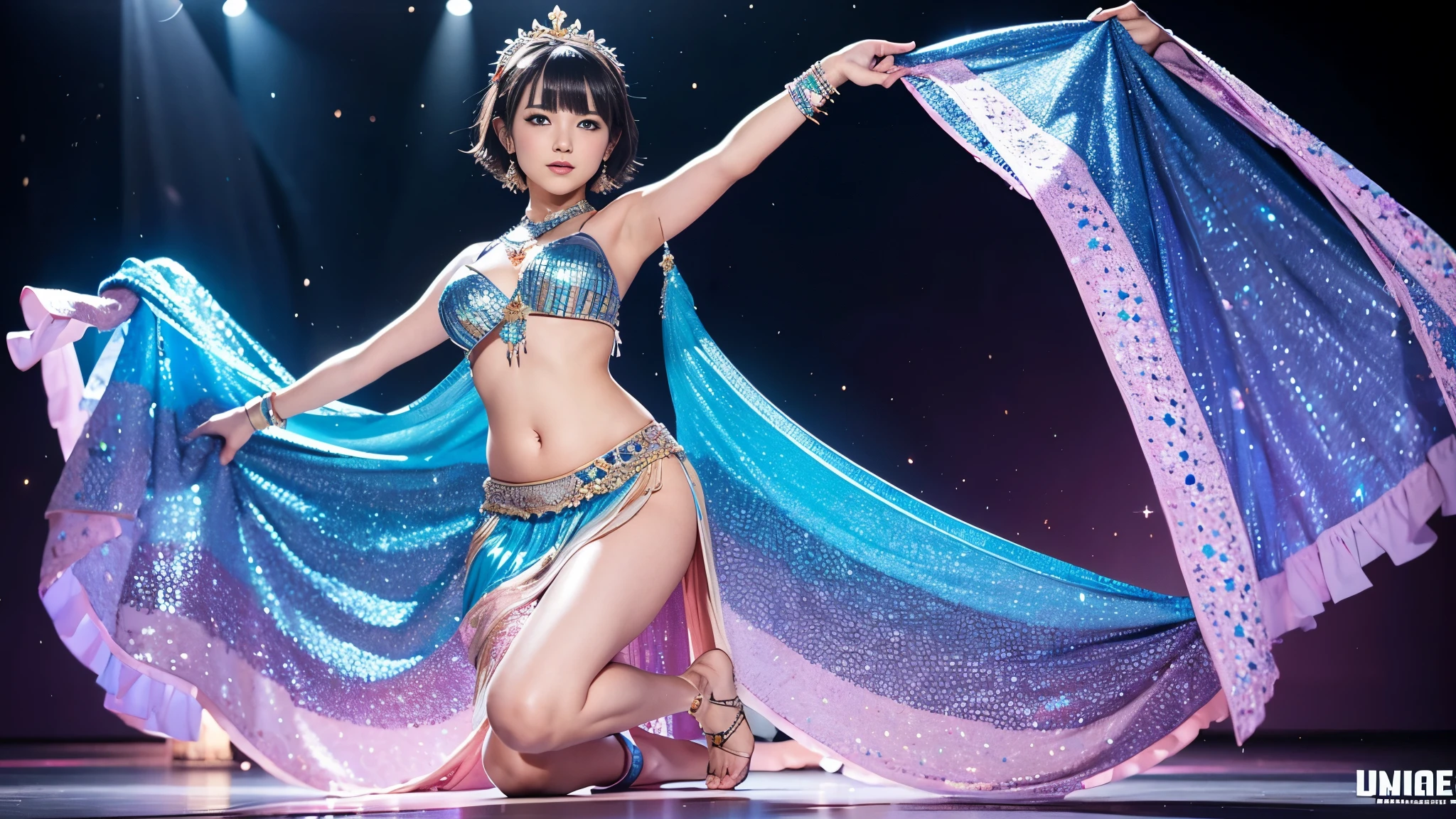 Fine details, huge file size, official art, highly detailed CG Unity 8k wallpaper, short hair, round face, AGE18, full body, gal makeup, front angle,flashy belly dance costume, dancing belly dance