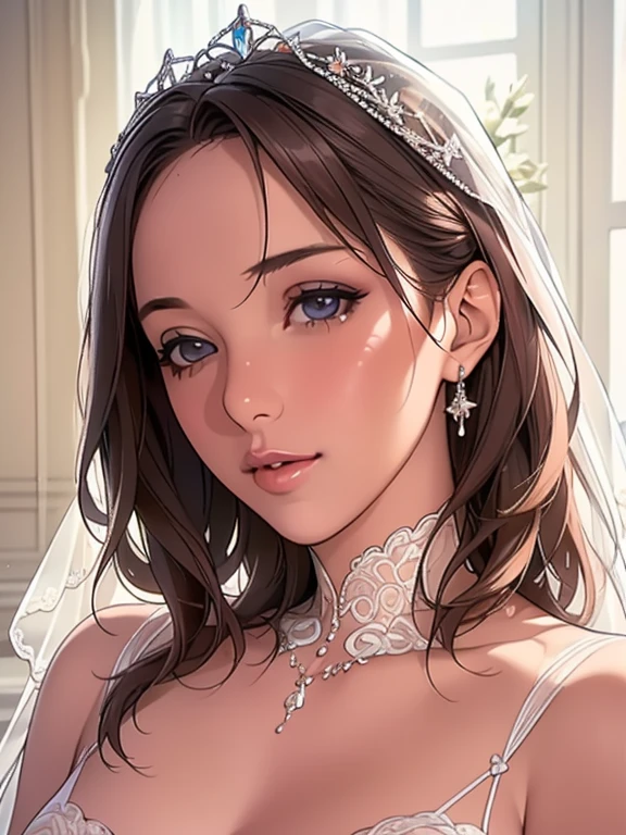 (high quality,realistic,beautiful detailed eyes,beautiful detailed lips,extremely detailed eyes and face,slender body,long eyelashes),white wedding dress,vivid colors,portrait,studio lighting,detailed lace,delicate fabric, flowing gown,beaded bodice,elegant veil,sparkling tiara,fresh flowers,graceful pose,shimmering background,subtle blush on cheeks,soft natural light,romantic atmosphere,joyful expression,every strand of hair intricately styled