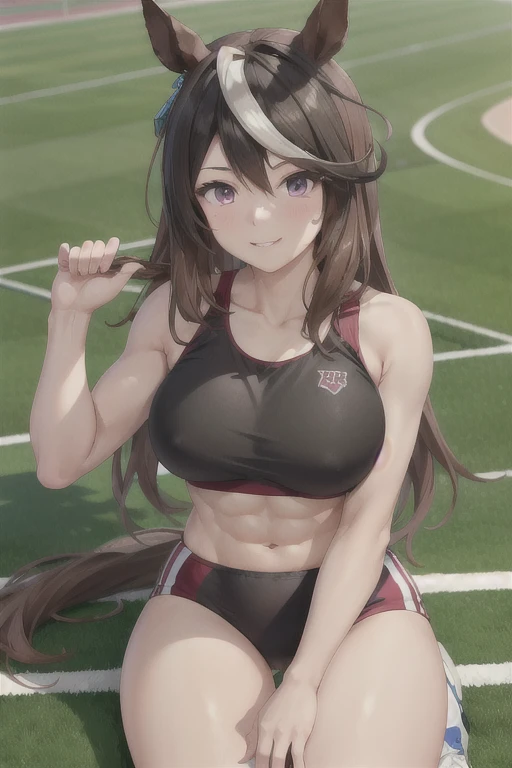 symboli rudolf \(umamusume\), ((ultra-detailed face)), symmetrical face, beautiful face, (masterpiece), best quality, muscle, abs, horse tail, large tits, smile, athletics track, sports bra, hand between legs, stadium