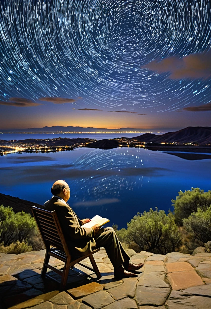 En el centro de la imagen, aparece un hombre que evoca la figura de Pablo Neruda, con un gesto concentrado mientras escribe en un cuaderno. It is surrounded by the described night landscape: un cielo estrellado y profundo, donde las estrellas titilan en tonos azules y plateados. El ambiente es sereno y contemplativo, with a feeling of solitude and reflection. The poet is immersed in his creative work, inspirado por la belleza y el misterio del cielo estrellado que lo rodea.