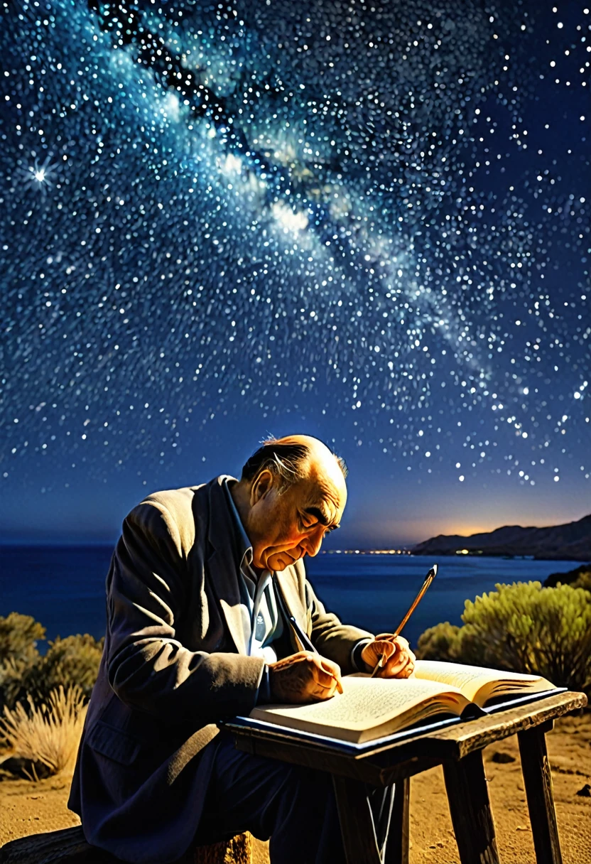 En el centro de la imagen, aparece un hombre que evoca la figura de Pablo Neruda, con un gesto concentrado mientras escribe en un cuaderno. It is surrounded by the described night landscape: un cielo estrellado y profundo, donde las estrellas titilan en tonos azules y plateados. El ambiente es sereno y contemplativo, with a feeling of solitude and reflection. The poet is immersed in his creative work, inspirado por la belleza y el misterio del cielo estrellado que lo rodea.