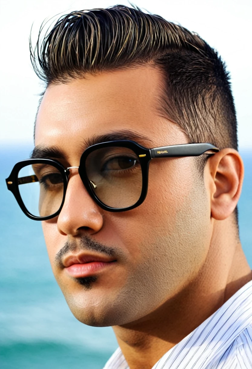 Hombre con poca barca y gafas negras cabello rubio con una vista casi de perfil