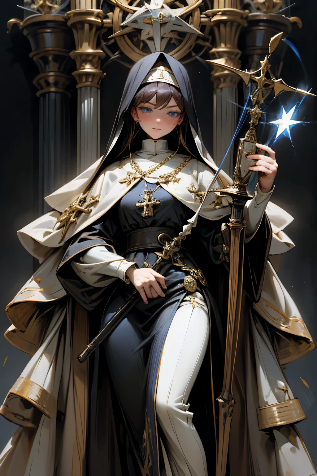 Esther is a 17 year old fair-skinned girl with long red hair that has bangs hanging on either side, "lapis lazuli" blue eyes akin to Albion nobility and she has a star-shaped birthmark on the right-side of her torso that is similar to Mary Spencer's birthmark.

Esther wears a blue novice nun robes until she becomes a full nun, where she wears Vatican's nun habit consisting of white robes with a blue bias trim. Her personal rosary has the House of Windsor's coat of arms. During the series, she also wears an Empire citizens' clothes as she tries to sneak into The New Human Empire with Abel Nightroad and Ion Fortuna. As Queen of Albion, Esther is shown wearing elaborate high-collared gowns and layered pearl necklaces.

Esther is seen wielding mostly fire arms: a crossbow in the first arc, and a sawed-off shotgun hidden on her leg thereafter.
