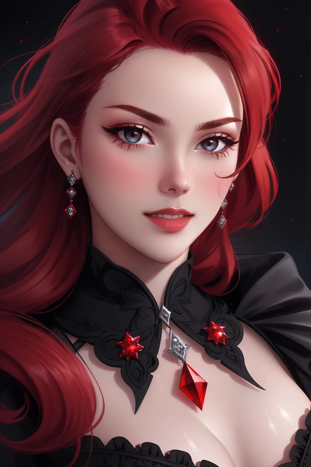 face close up, portrait shot, ((vivid red hair)), mature woman, 30 years old, diamond face, black eyes, (black eyes) red starry sky background, depth of field, magic, big red lips, ((dark and red black eyes)) black and red long and full dress, covered chest, mystical atmosphere, ominous shadows, Intense blue aura, Intense red aura (best quality:1.2), absurdres, intricate details, (highly detailed skin:1.2), smile expression, posing, taut and well defined body, attractive. Highly realistic, pale skin, beautiful, hyperrealism, skin very elaborated, direct gaze,