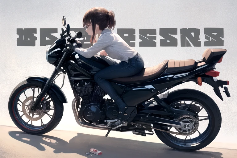 masterpiece, highest quality, One girl, (cigarette:1.0), Riding on motorcycle, View your viewers, ,Side view、
Tilt the bike to the side、Applying the brakes,Put one foot out、Dust rises after braking、