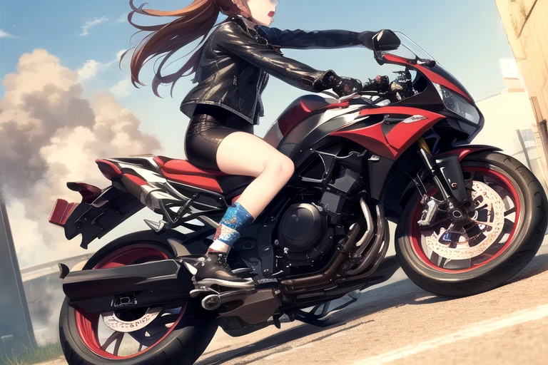 masterpiece, highest quality, One girl, (cigarette:1.0), Riding on motorcycle, View your viewers, ,Side view、
Tilt the bike to the side、Applying the brakes,Put one foot out、Dust rises after braking、
 