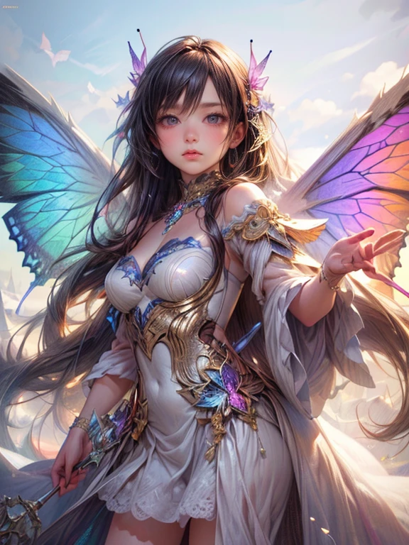 (masterpiece:1.2. 8k, best quality,highres, ultra-detailed, photorealistic:1.37),cute girl, sparkling eyes, shining lips, white dress, rainbow butterfly wings,standing in the snow,cute girl in a beautiful dress, beautiful fantasy, fantasy artwork, charming girl, highres art, beautiful art, 2.5D CGI fantasy artwork, extremely detailed art gem, dynamic posing:1.2, 