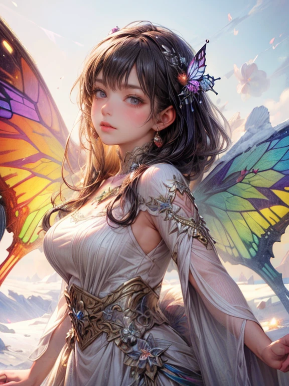 (masterpiece:1.2. 8k, best quality,highres, ultra-detailed, photorealistic:1.37),cute girl, sparkling eyes, shining lips, white dress, rainbow butterfly wings,standing in the snow,cute girl in a beautiful dress, beautiful fantasy, fantasy artwork, charming girl, highres art, beautiful art, 2.5D CGI fantasy artwork, extremely detailed art gem, dynamic posing:1.2, 