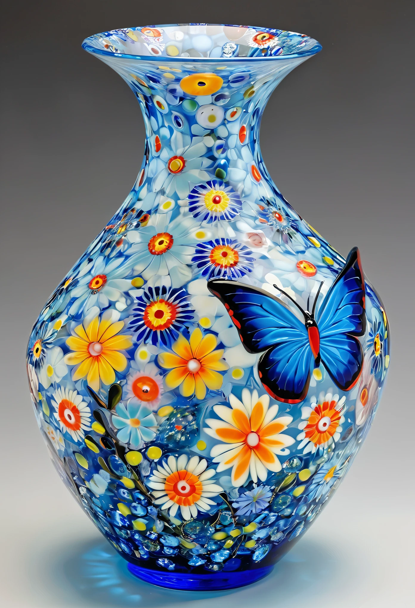 Millefiori glass style,(blue butterfly:1.5),vase