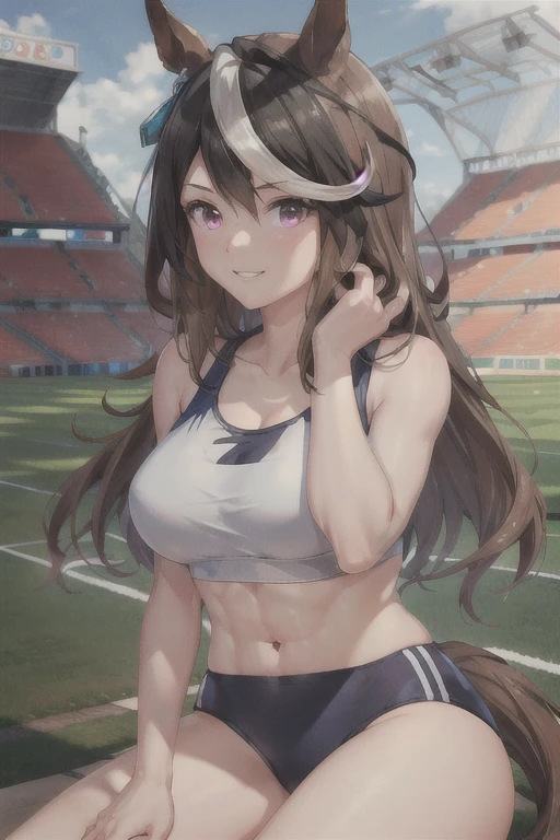 symboli rudolf \(umamusume\), ((ultra-detailed face)), symmetrical face, beautiful face, (masterpiece), best quality, muscle, abs, horse tail, large tits, smile, athletics track, sports bra, hand between legs, stadium