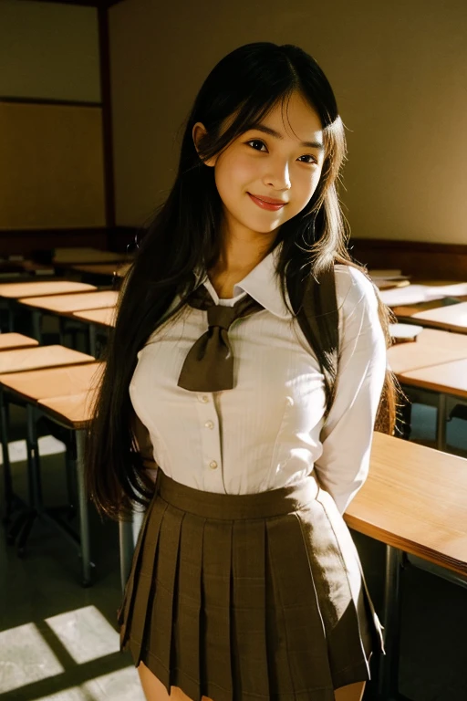 ((Beautiful girl:1.3)) ((school uniform:1.5))  (((smile:1.2)) ((Large Breasts:1.2))  highest quality,masterpiece,Ultra-high resolution,(Realistic:1.4),RAW Photos,(Real skin texture:1.3),(Film Grain:1.3),Panorama,Portraits,Very wide shot,Tight waist,Cowboy Shot,(In the Dark, Deep Shadow, Modest, Cold Light,) night,(()),Tears flow,,Dust,Tyndall effect,(Performance),,Beautiful and detailed eyes and face,Brown eyes, ((whole body:1.3)) ((In the classroom)) ((close))