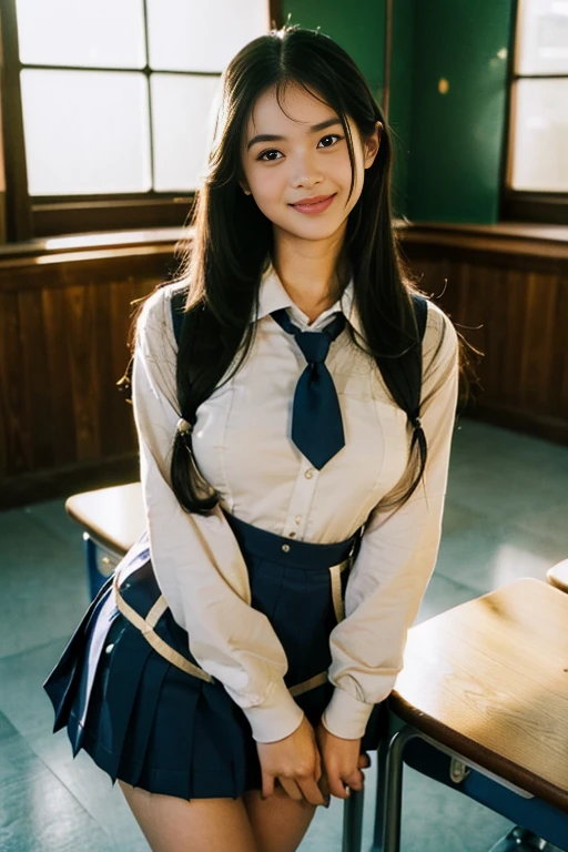 ((Beautiful girl:1.3)) ((school uniform:1.5))  (((smile:1.2)) ((Large Breasts:1.2))  highest quality,masterpiece,Ultra-high resolution,(Realistic:1.4),RAW Photos,(Real skin texture:1.3),(Film Grain:1.3),Panorama,Portraits,Very wide shot,Tight waist,Cowboy Shot,(In the Dark, Deep Shadow, Modest, Cold Light,) night,(()),Tears flow,,Dust,Tyndall effect,(Performance),,Beautiful and detailed eyes and face,Brown eyes, ((whole body:1.3)) ((In the classroom)) ((close))