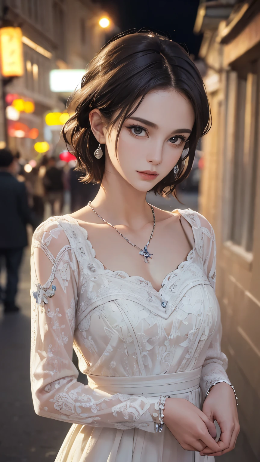 (masterpiece, highest quality, The finest details, Realistic:1.5), beautiful european young woman, pretty girl, model, I am an idol, Delicate face, (chest), (The body is slim:1.2), Beautiful Eyes, No makeup, Straight Hair. Short Hair,Wearing a grey cocktail dress. Decorate your earrings, Colorful bracelets with pendants, Grin, Midnight Street View, At night. Sharp focus.