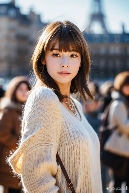 Young people,One girl,View your viewers, whole body,jewelry, necklace, Realistic, Brown Hair, Blurred background, Blurred,bangs, Iris,Paris,fashion,People in the background々, winter物コート,
Dynamic pose, Motion Blur,
Warm sun,winter,snow,