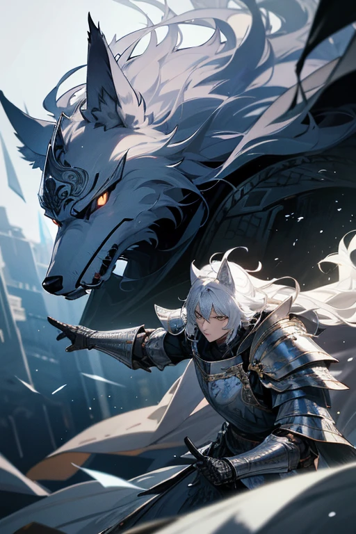Wolf Knight, fine armor, Intricate Design, Silver, silk, Cinema Lighting, 4K, Floating Hair, sharp、A strong wolf and a man in armor、