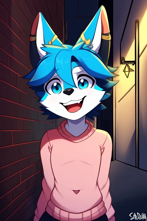 **Nombre del Personaje**: Max
**Especies**: anthropomorphic / Furry gato
**Pelaje**: Azul brillante azul fuerte con acentos oscuros y amarillos
**expression**: Playful and energetic
**Vestimenta**: Sudadera amarilla y negra
**Postura**: Completa, mostrando todo el cuerpo hombre,sexy,pechos,grandes ,pink sweater, black skirt, dark alley