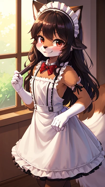 (fluffy anthro furry: 1.6),(young: 1.6),fox girl,mini girl,dark brown long hair,wavy hair,beautiful dining room,clear window,maid headdress,maid outfit,black maid glove,maid stocking,red bowtie,seductive face,smile,looking at viewer,blush,cleaning table