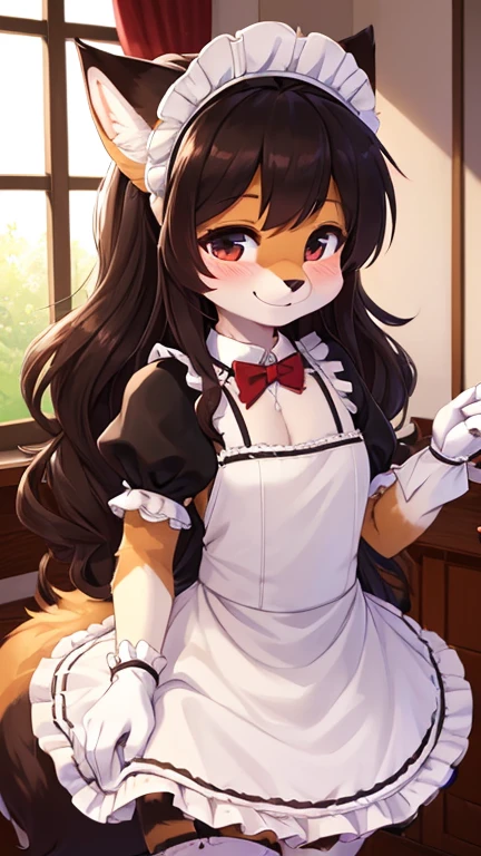 (fluffy anthro furry: 1.6),(young: 1.6),fox girl,mini girl,dark brown long hair,wavy hair,beautiful dining room,clear window,maid headdress,maid outfit,black maid glove,maid stocking,red bowtie,seductive face,smile,looking at viewer,blush,cleaning table